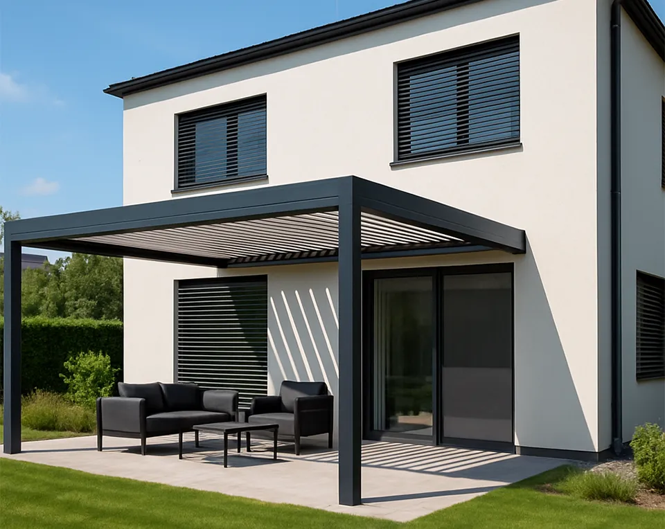 sundex-bioklimaticka-hlinikova-pergola-103 Usměvavá žena stojí ve dveřích moderního obývacího pokoje a na mobilu právě ovládá venkovní hliníkové žaluzie na širokých oknech.